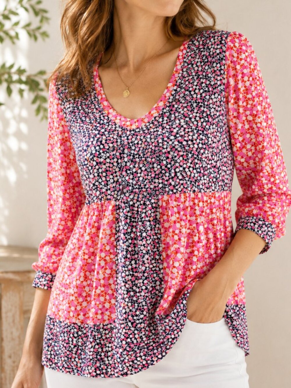 Boden Mollie Melon Crush Spot Print Empire Waist Top Pink Navy 3/4 Sleeve Size 4